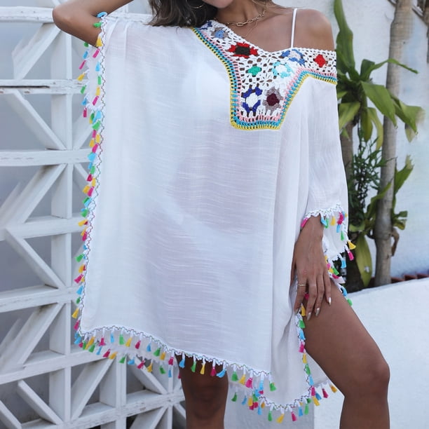 Puntoco Vestido De Manga Corta Con Cuello En V, Vestido De Playa De Verano Para Mujer Con Aberturas De Patchwork Blanco