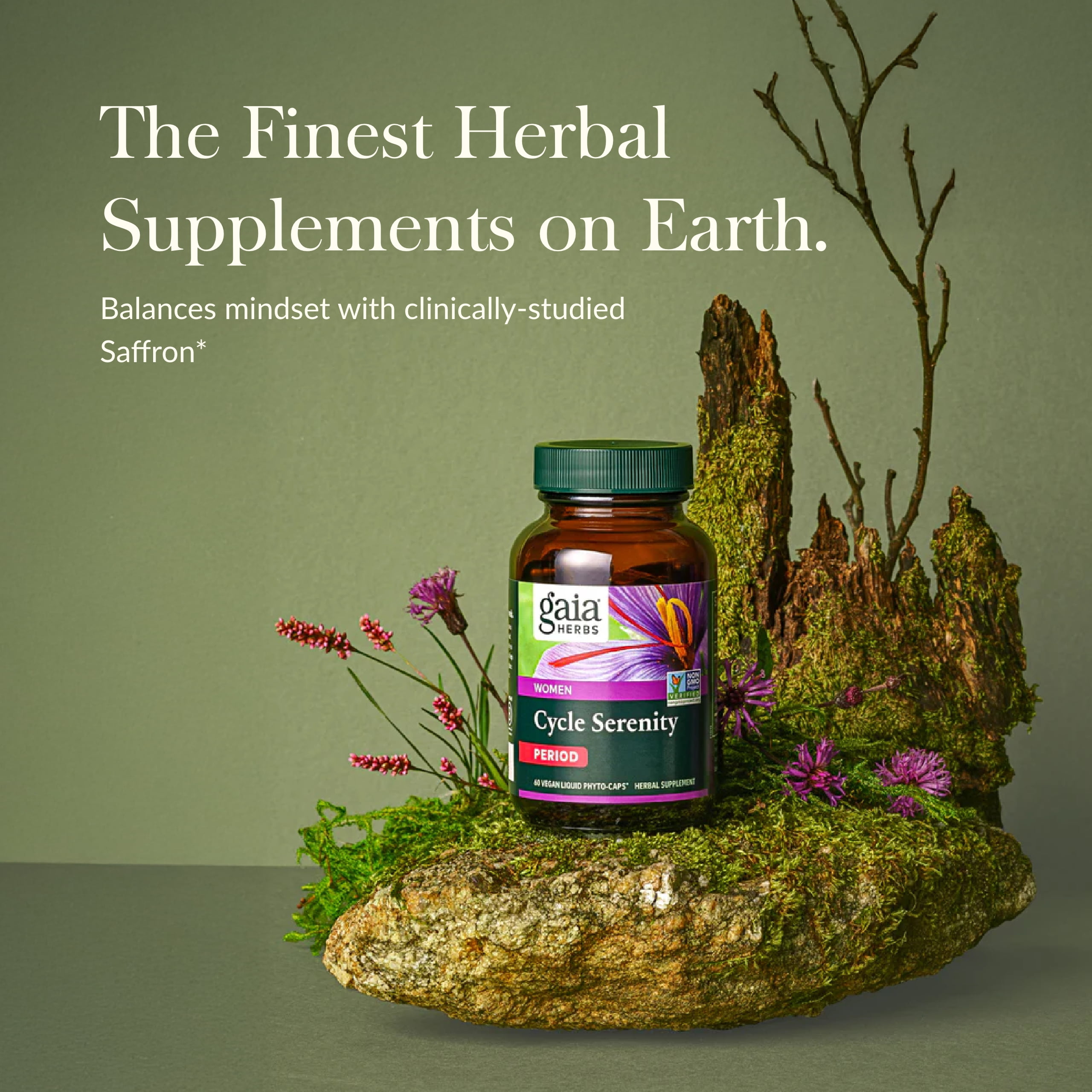 Gaia Herbs Period Cycle Serenity - With Clinically Studied Saffron to Support a Positive Mood* - 60 Vegan Liquid Phyto-Caps (60 Servings)