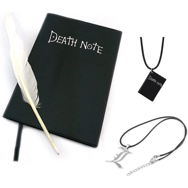 XINQIHANG 4 PCS Set Death Notebook Anime Cosplay Theme Writing Notebook and Feather Pen L Necklace Book Chain Anime Accessories