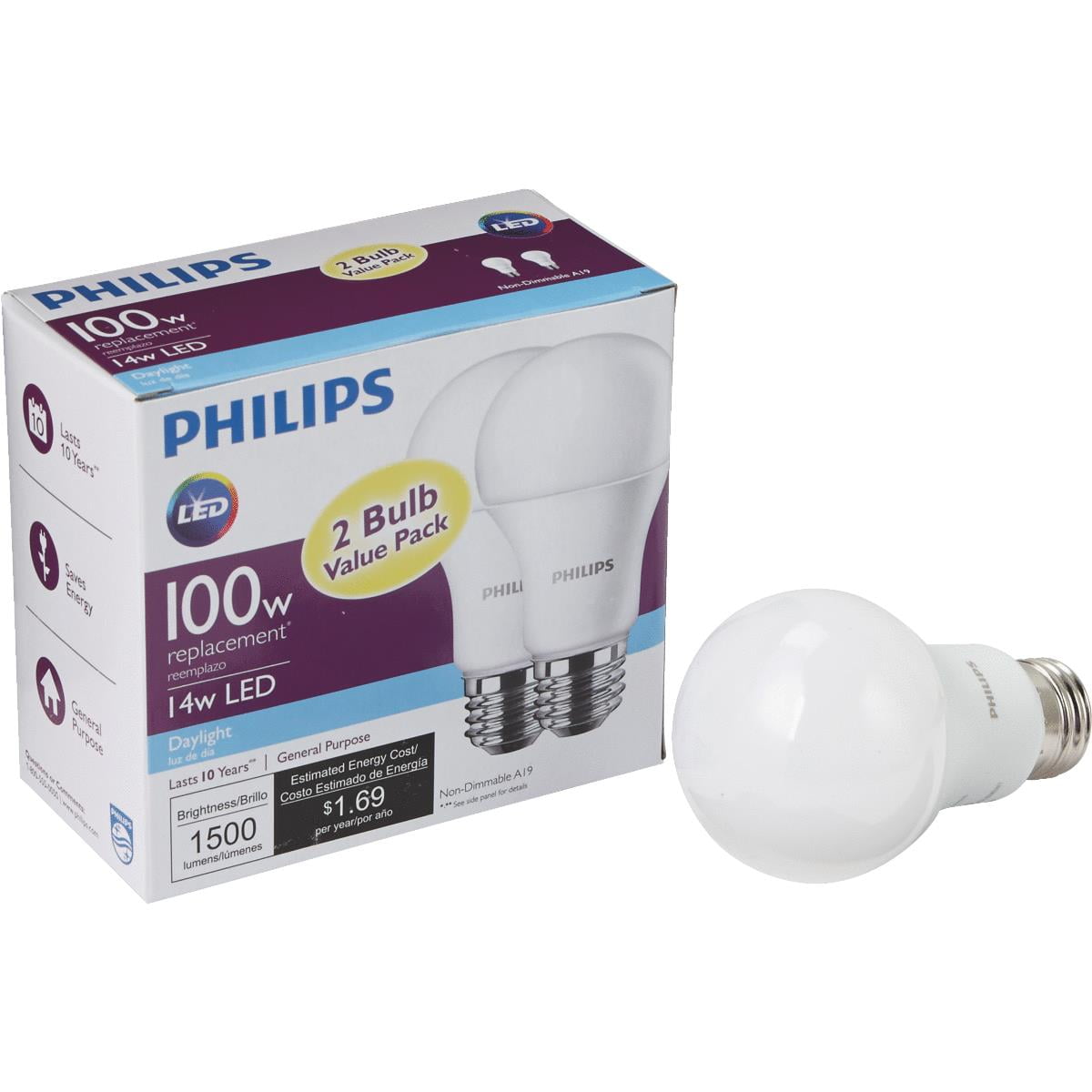 Philips 100W Equivalent Daylight A21 Medium LED Light Bulb (2Pack