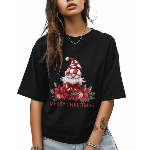 T Shirts for Women Short Sleeve Cotton Crewneck T-Shirt, Merry Christmas Red Gnome Holly Leaves Tee Tops Casual Basic T-Shirts, XS-5XL Black XS
