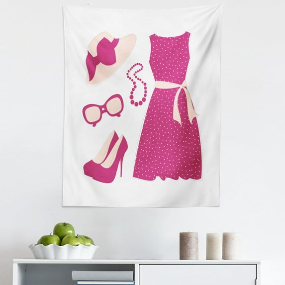 Fashion Tapestry, Pastel Colored Dress Hat with a Ribbon High Heels and Necklace Woman Clothing, Fabric Wall Hanging Decor for Bedroom Living Room Dorm, 5 Sizes, Pale Peach Pink, by Ambesonne