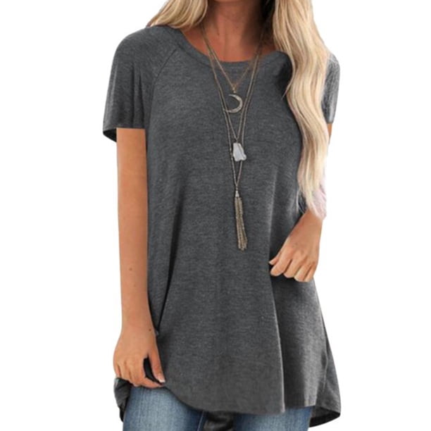 Qarigey Camisa de mujer con cuello y manga corta en color liso Prendas para la parte del cuerpo Gris XXL