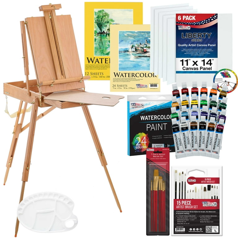  U.S. Art Supply 57-Piece Artist Watercolor Painting Set with  Field Studio Sketch Box Easel, 24 Watercolor Paint Colors, 22 Brushes, 6  Canvas Panels, 2 Watercolor Paper Pads, 2 Paint Palettes, Students 