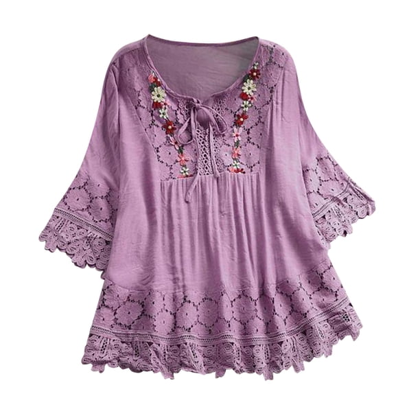 Blusa vintage de encaje con cuello en V y mangas 3/4 para mujer - Poliéster, corte holgado