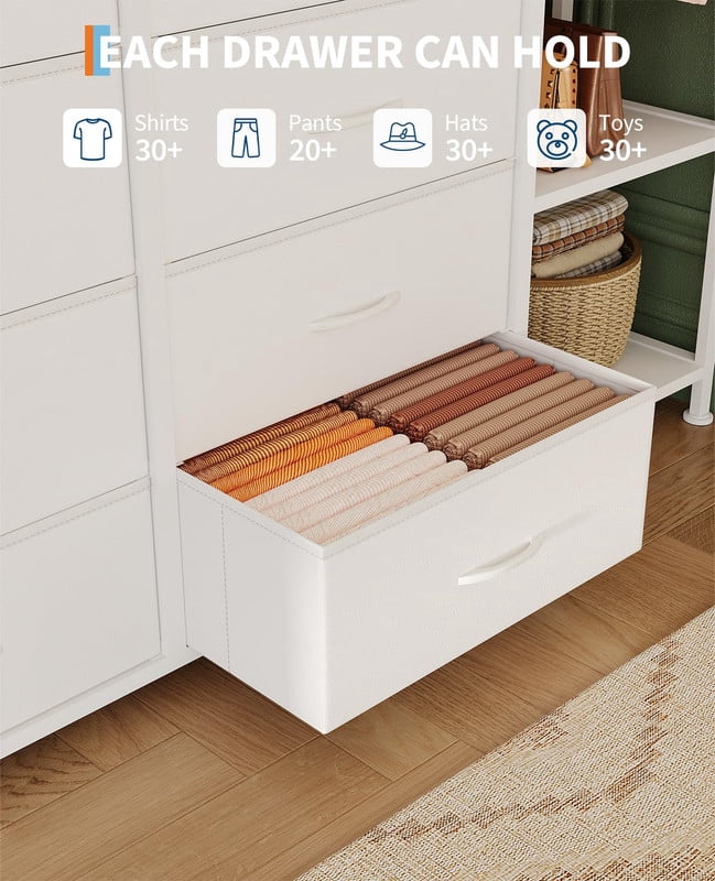 TROPOW Tall Dresser for Bedroom, Fabric Dressers with 16 Drawers & Clothes Rack & 2 Storage Shelves, PU Closet Dresser with Hanging Space, Large Chests of Drawers