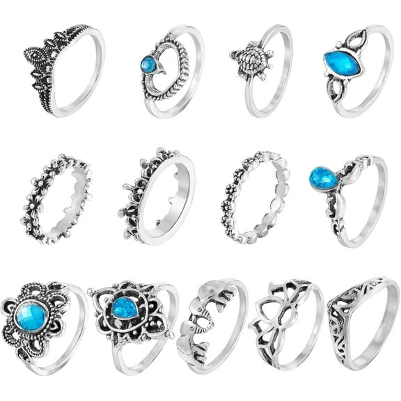 1set 13pcs 13 style Aquamarine Rhinestone Tortoise & Elephant & Lotus & Crown Finger Rings set Alloy Stackable Rings for Women Antique Silver Inner Diameter: 15.7~17.8mm 1pc/style