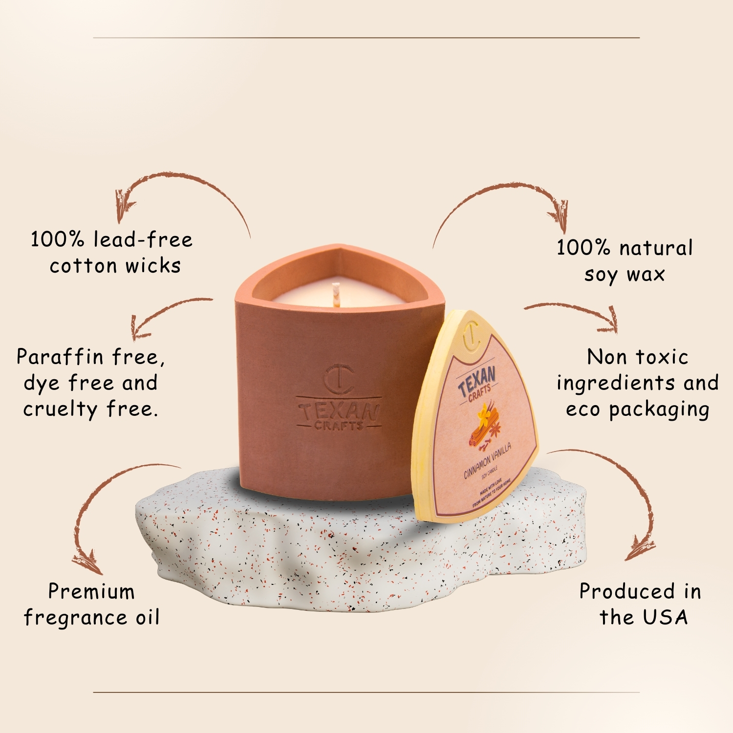 Texan Crafts Cinnamon Vanilla Container Candle, Mica Collection, 100% Natural Soy Wax, Hand Crafted, Decorative Jar