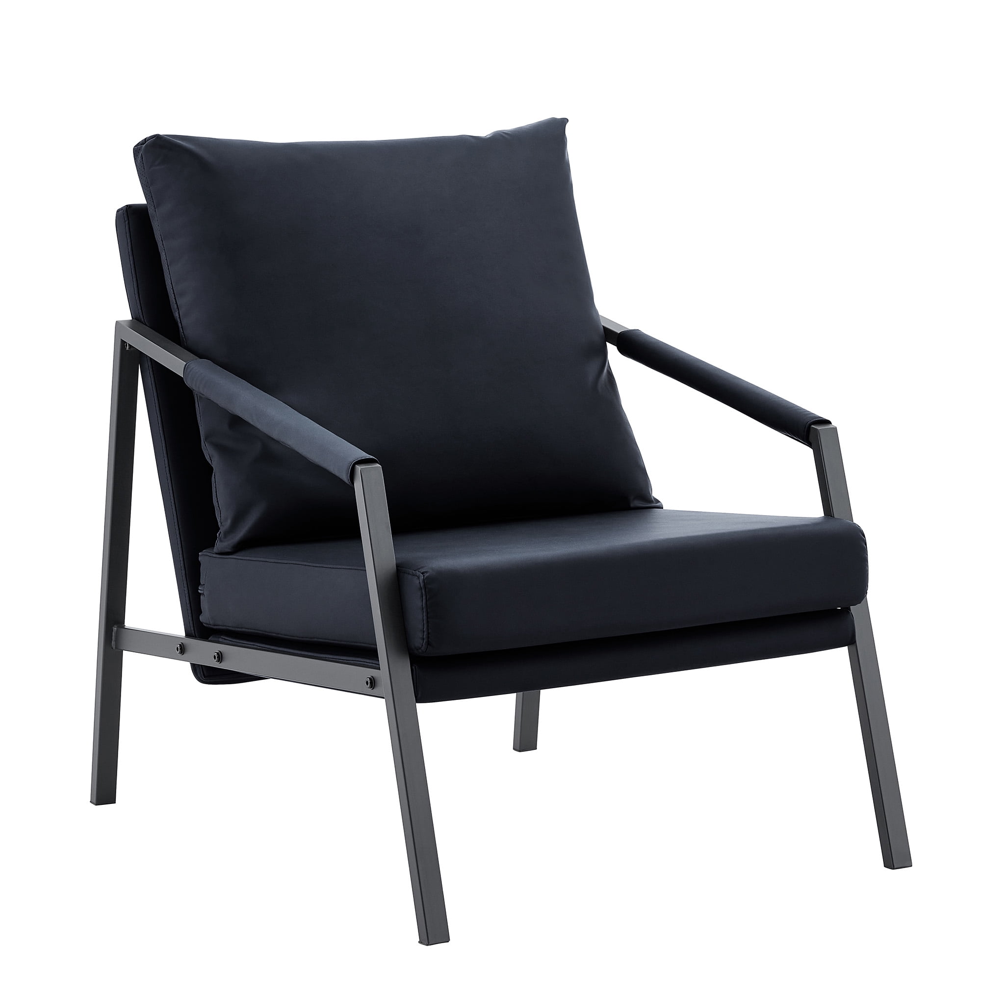 Alvantor Black Faux Leather Accent Chair with Black Metal Frame and Armrests