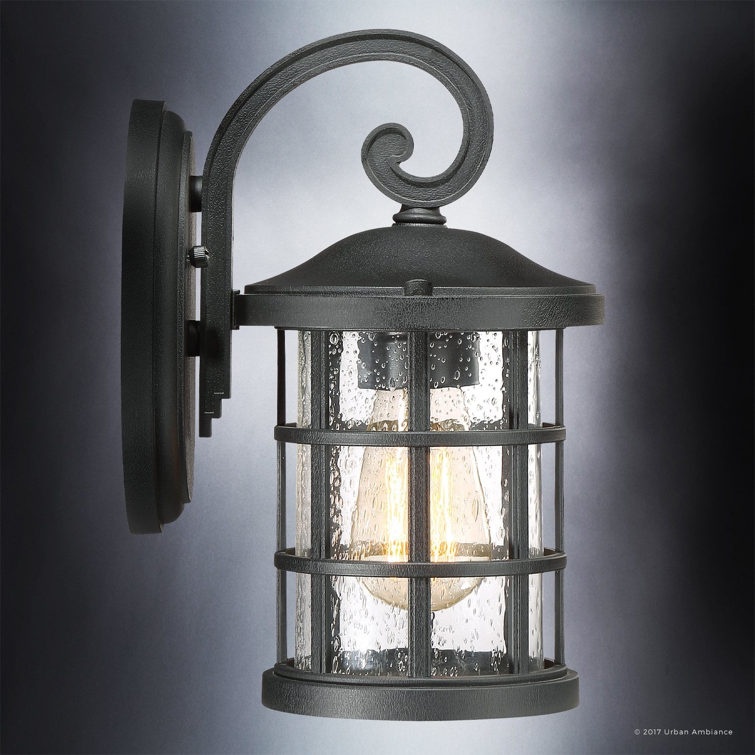 Urban Ambiance Luxury Craftsman Outdoor Wall Light, Small Size: 11"H x 6"W, with English Tudor Style Elements, Wrought Iron Design, Natural Black Finish and Seeded Glass, UQL1040