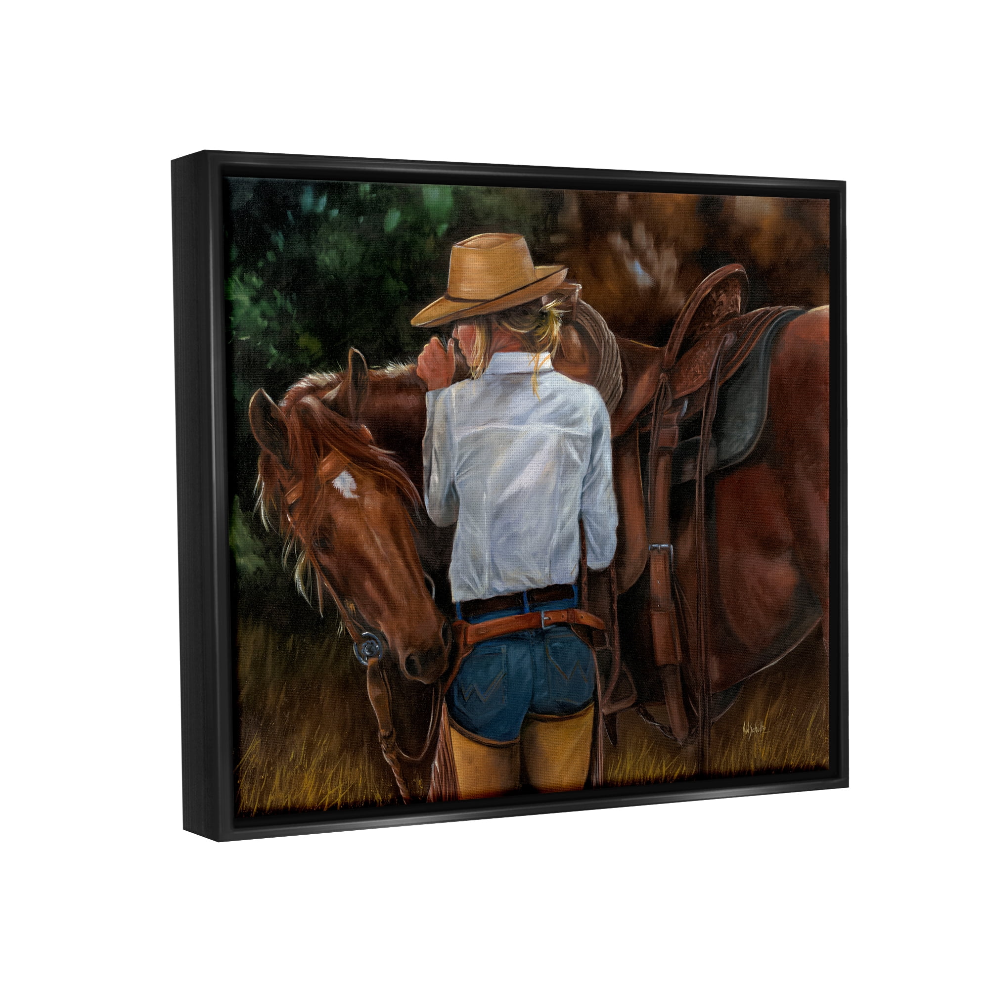 Stupell Industries Cowgirl Tending to Horse Animals & Insects Painting Black Floater Framed Canvas Art Print Wall Art, 21 x 17