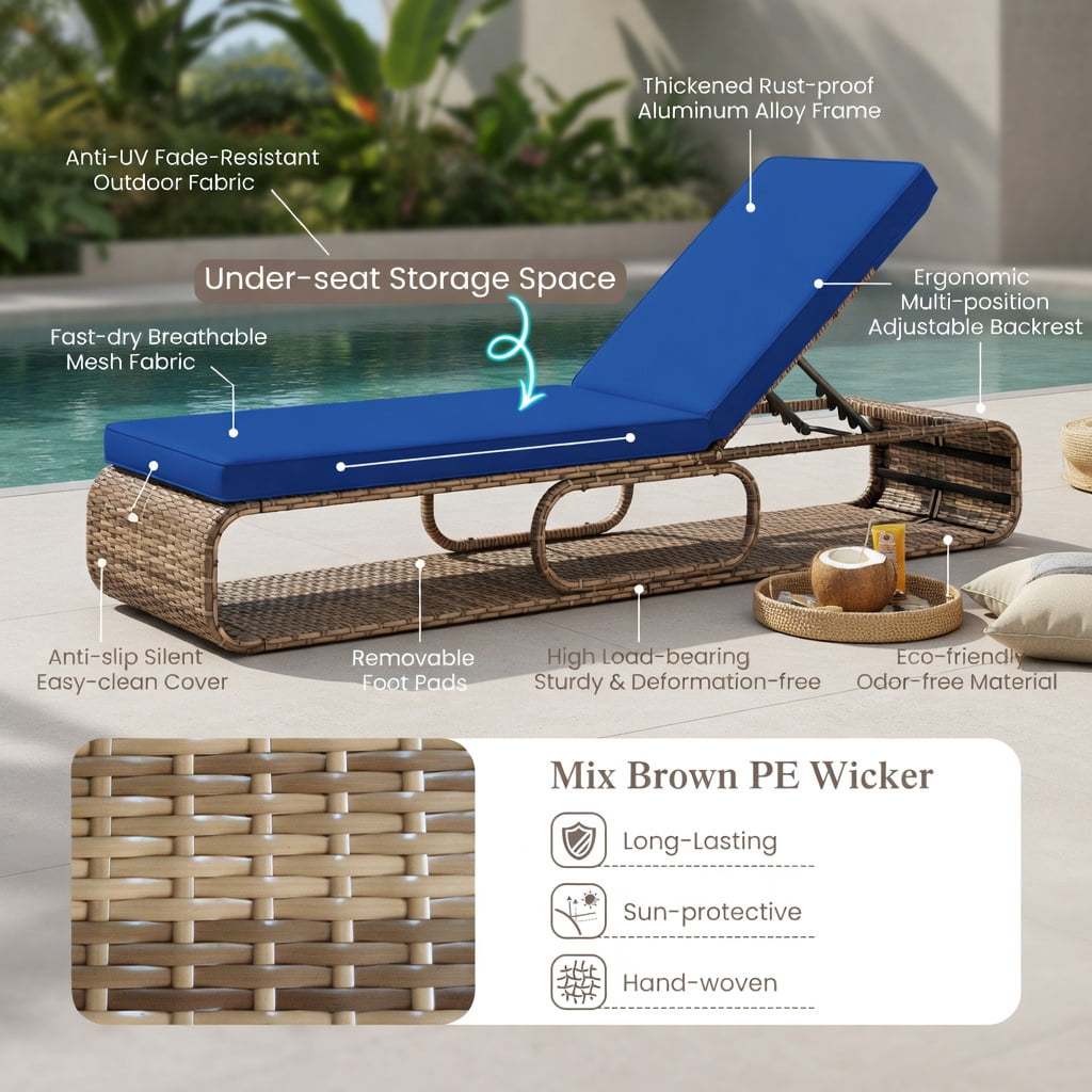 Hommoo 7-Position Adjustable PE Rattan Outdoor Chaise Lounge Chair with Removable Cushions, Heavy-Duty Metal Frame, Poolside & Patio Ready, Navy