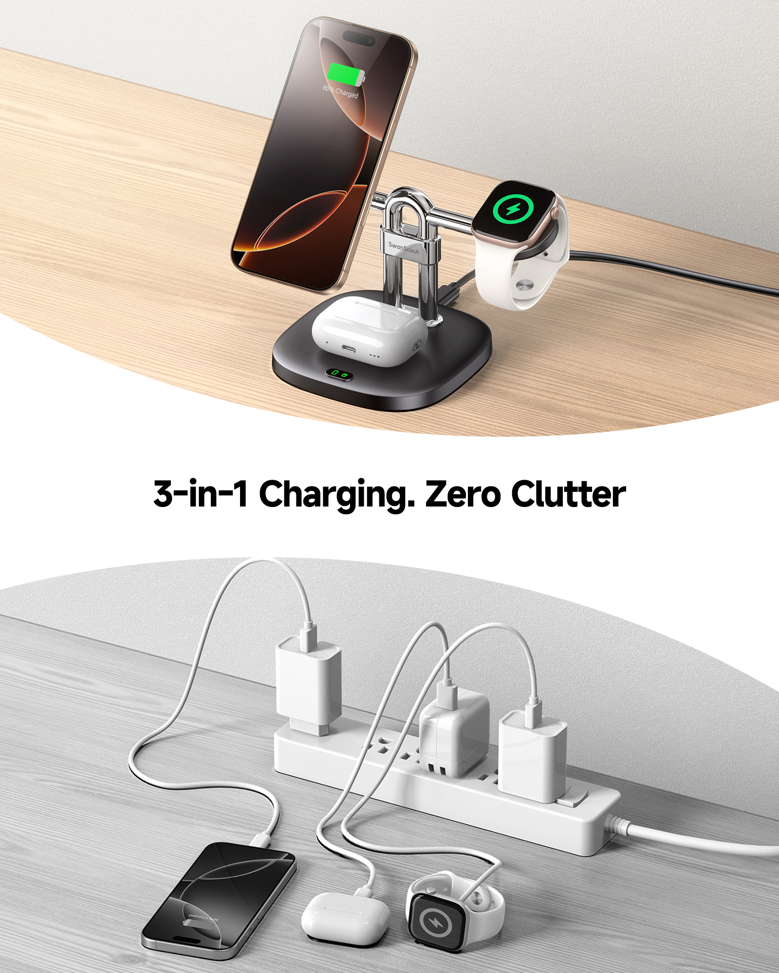 SwanScout 3 in 1 MagSafe Wireless Charger, for iPhone 17/Air/16/15/14/13/12 Series, for Apple Watch 11/10/9/8/7/SE 3/SE 2, Ultra 3/Ultra 2/Ultra, AirPods Pro 3/2, SwanScout 712M (No Adapter)