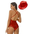 thumbnail image 2 of YONGHS Womens Sequins Tassel Ballet Gymnastic Leotard Latin Dance Jazz Fringe Bodysuit with Hat Red XL, 2 of 7