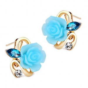 Blue Rhinestone Clip Earrings - Fancyleo Rhinestone Crystal Rose Flower Earrings Luxury Charm Stud Earring For Women