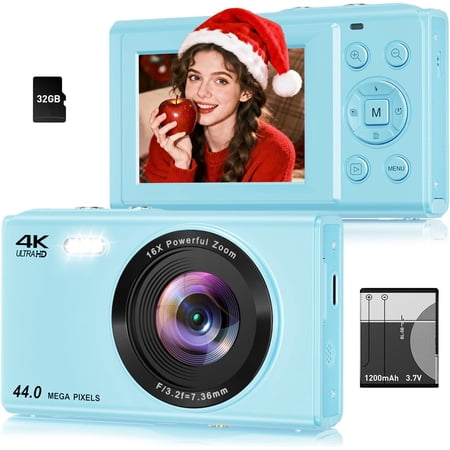 Digital Camera, 4K 44MP Autofocus Point and Shoot Camera with 16X Zoom 2.4" LCD Portable Compact Camera for Teens Boys Girls Adults