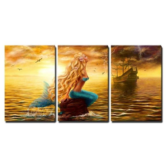wall26 Canvas Print Wall Art Mermaid & Ghost Ship in Sunset Seascape Nature Wilderness Illustrations Realism Rustic Scenic Colorful Multicolor for Living Room, Bedroom, Office - 16"x24"