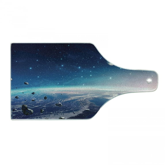 Universe Cutting Board, Horizontal Image of Nebula with Planet Earth Moon and Asteroids, Decorative Tempered Glass Cutting and Serving Board, in 3 Sizes, by Ambesonne