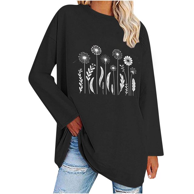 Blouse pour Femmes, T-shirt Imprimé Décontracté avec Col Rond et Épaules Tombantes Manches Longues