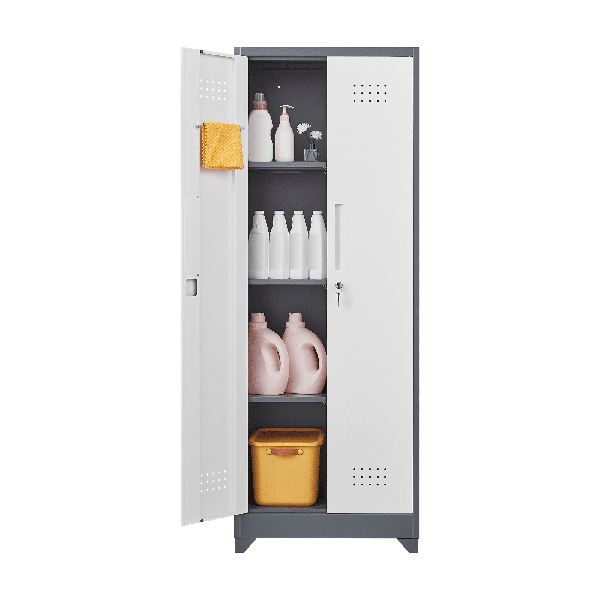 65" H Broom Closet Storage Cabinet with Locking Doors,Metal Garage Storage Cabinet with Hanging Rod & S-Hooks for Garage,Bathroom Office,Grey+White