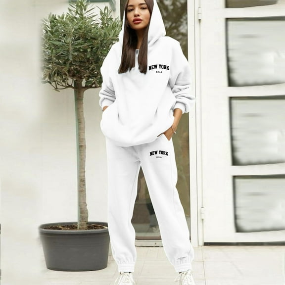 Womens Sweat Suits 2 Piece Hoodie Long Sleeve Sweatshirt with Wide Leg Pants Lounge Fall Sets Casual Sets for Women