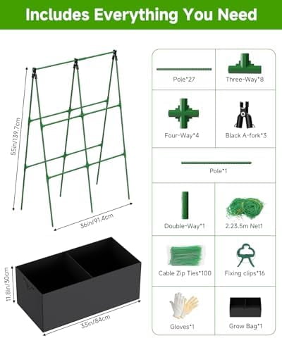 Cucumber Trellis with for Climbing Plants, A-Shape Garden Trellis with Grow Bags, Metal Plant Trellis with Garden Netting for Vegetables Flowers Fruits