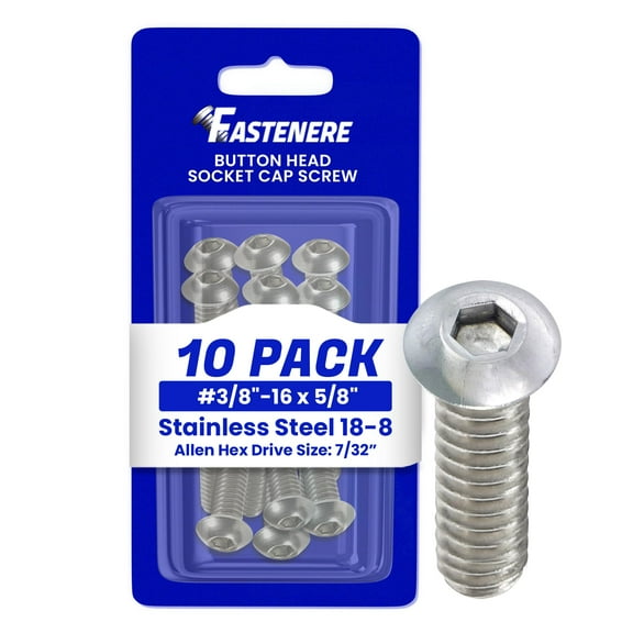 Fastenere Button Head Socket Cap Screws - 3/8-16 x 5/8" (10 Pack) Stainless Steel 18-8, Full Thread, Bright Plain Finish, Corrosion-Resistant, Machine Thread, Easy to Install w/ Allen Socket Drive