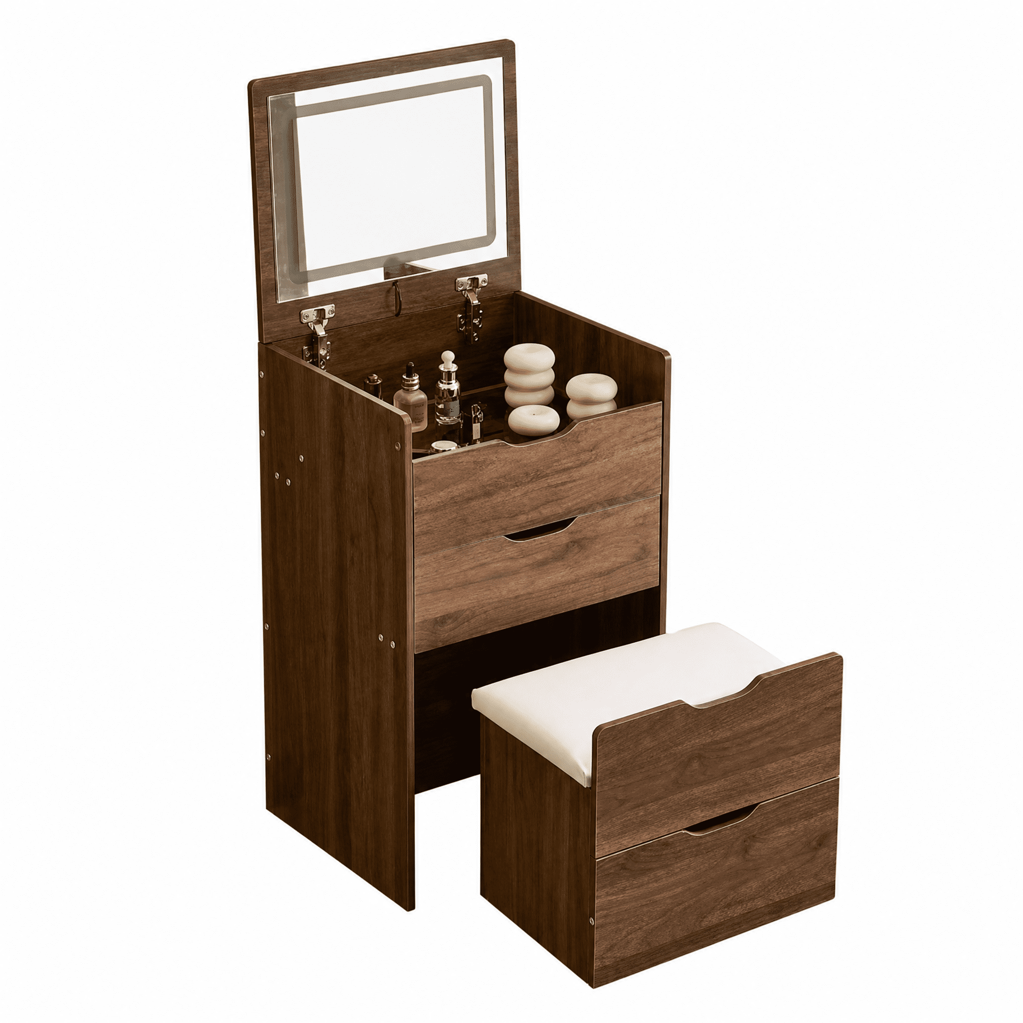 3 in 1 Vanity Desk with Flip Top Mirror, Small Make Up Vanity Set with Visible Glass Desktop, Compact Makeup Vanity with 3 Drawers, Cushioned Tool, Dressing Table for Bedroom