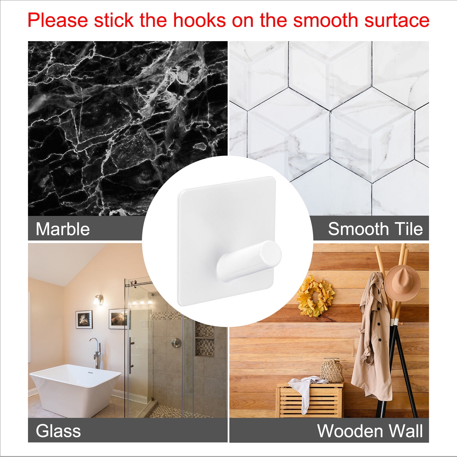 Unique Bargains Self Adhesive 304 Stainless Steel Sticky Hooks Wall Hanger White 4Pcs