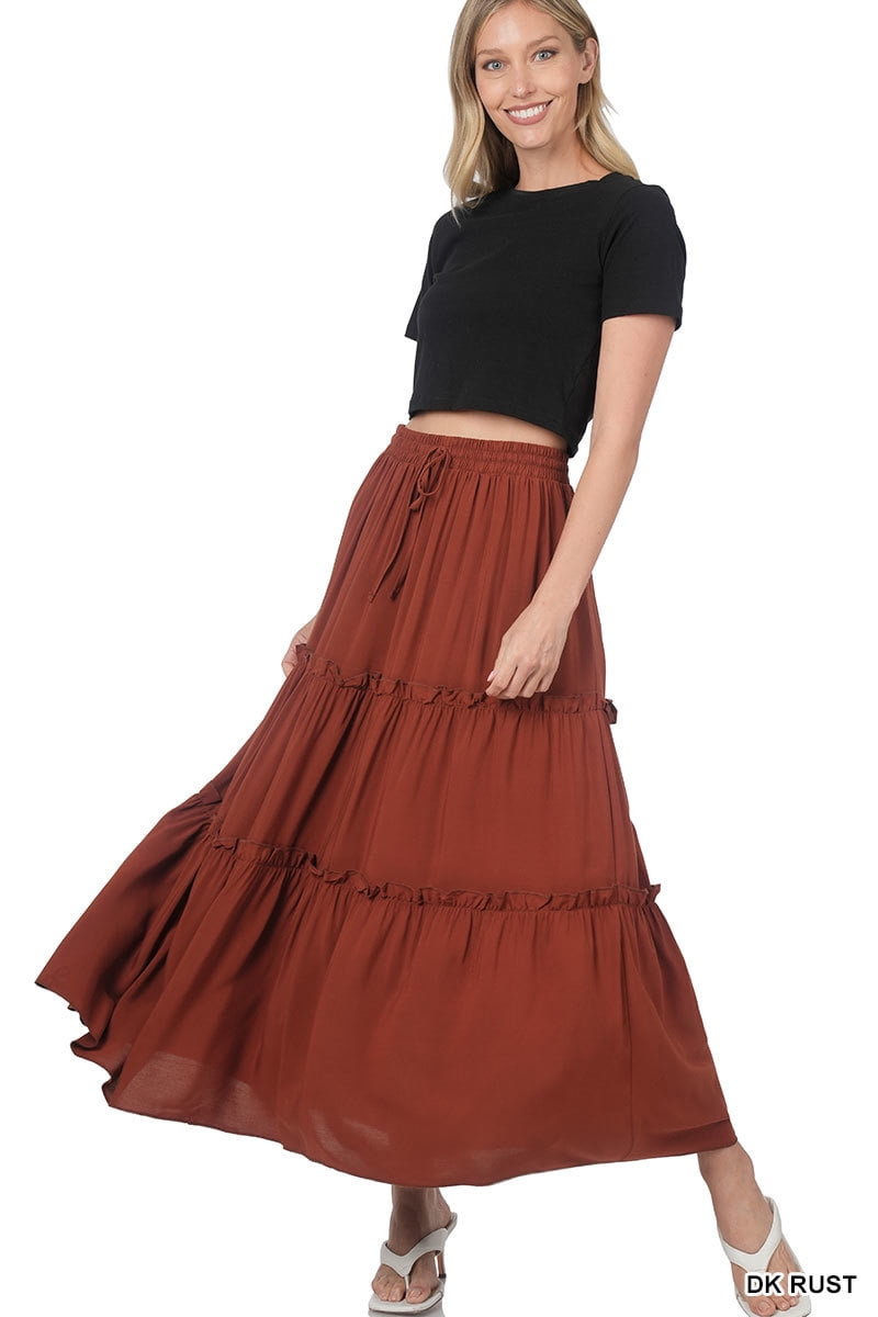 スカート drawstring ribbon tiered long skirt drawstring ribbon tiered long skirt