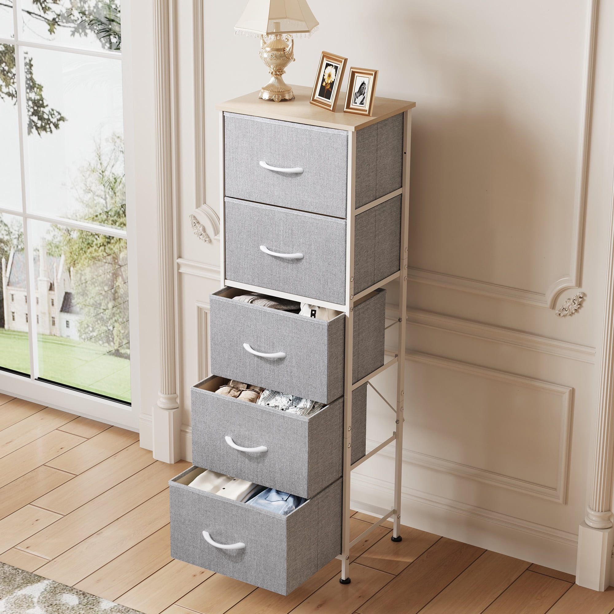 GALAXHERO 5-Drawer Tall Fabric Dresser with Wood Top, Storage Organizer Chest for Bedroom, Closet, Hallway, Sturdy Steel Frame, Light Grey