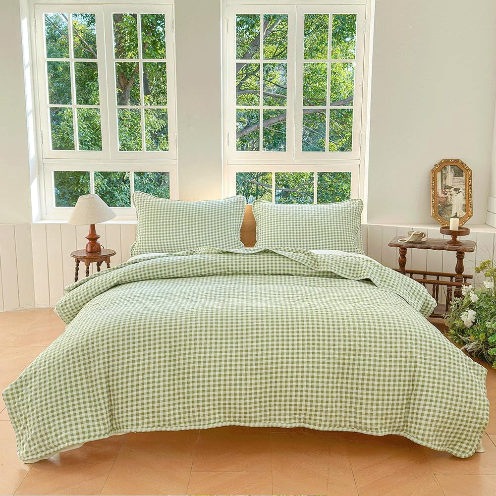 Sage Green Gingham King Quilt Set, Soft Pre-Washed Microfiber Green Plaid King Bedspread, Lightweight Checked Summer Quilt, Grid Bedding Coverlets for All Seasons (Includes 1 Quilt, 2 Pillow Shams)