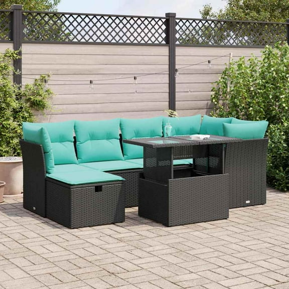 vidaXL 7 Piece Patio Sofa Set with Cushions Black Poly Rattan Acacia