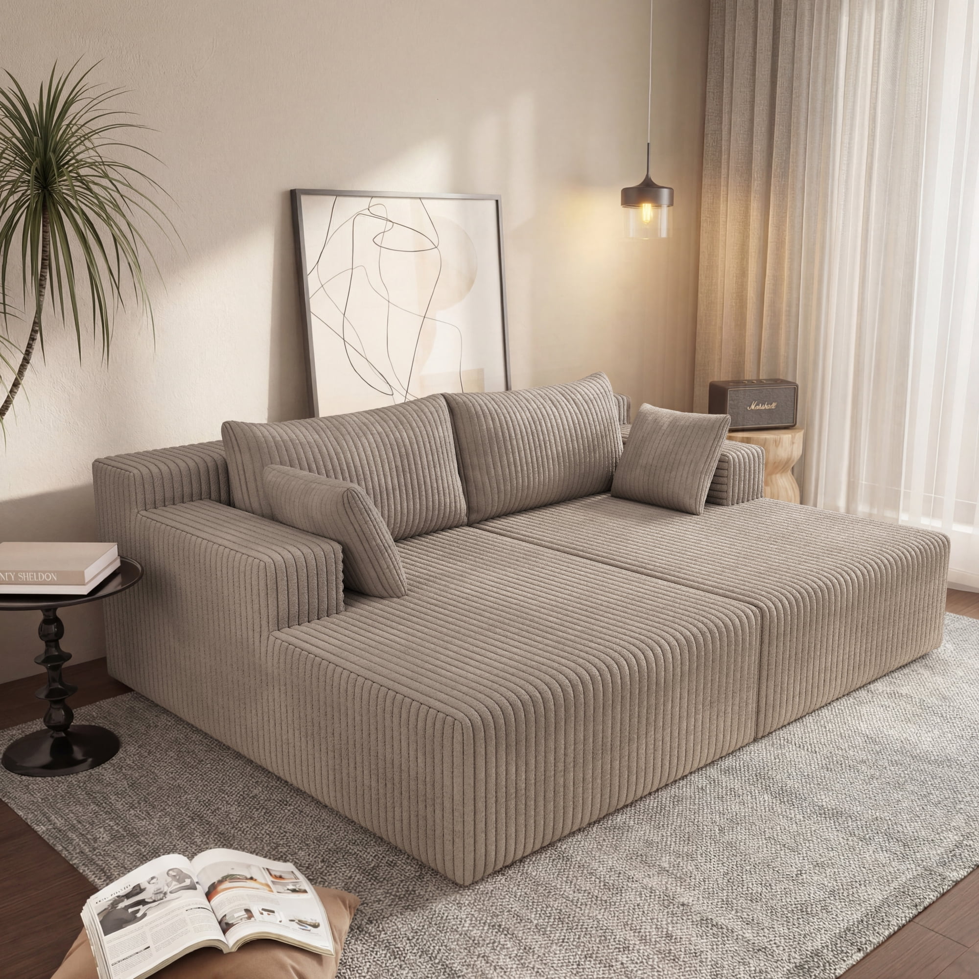 HOQBN 71" Oversized Double Chaise Lounges Indoor,Upholstered Corduroy Boneless Couch with 4 Pillows,Reading Lazy Cloud Plush Sofa Bed for Living Room, Bedroom,No Assembly,Camel