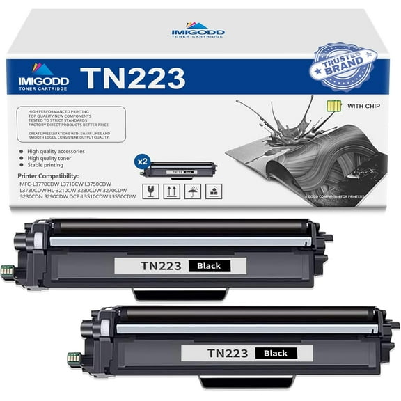 2-Pack TN223 Black Toner Cartridge (with Chip) Replacement for Brother High Capacity 2,100 Pages with MFC-L3770CDW L3710CW L3750CDW L3730CDW HL-3210CW 3230CDW 3270CDW 3230CDN DCP-L3510CDW Printer