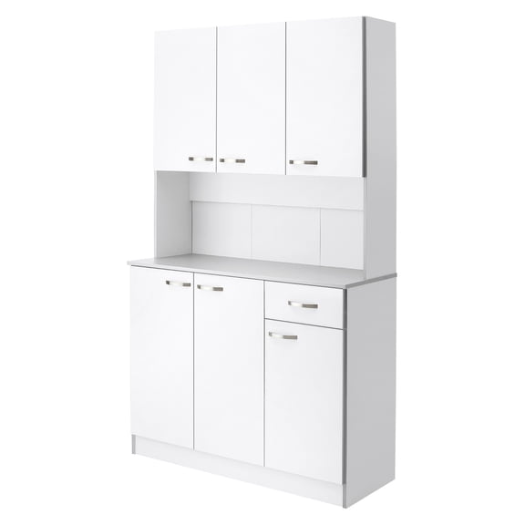 71" Kitchen Pantry Cabinet, Tall Kitchen Storage with Microwave Stand, Modern Hutch with Countertop, 6 Door Storage, Adjustable Shelves, White