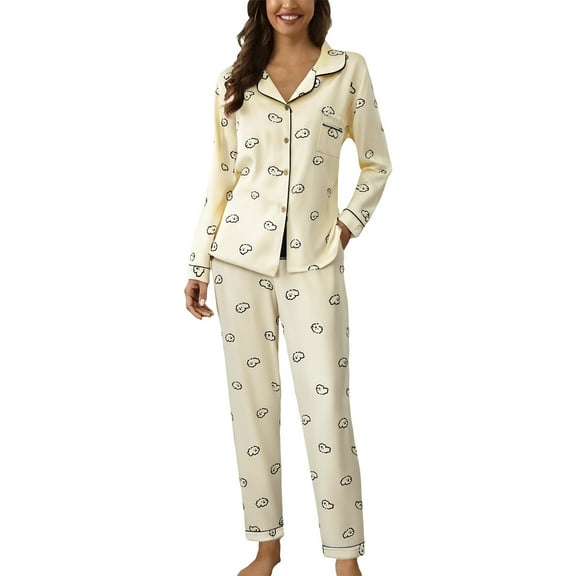 Ihph7 Long Pajamas for Women Set Button Up Pajamas for Women Pajama Sets for Women 2 Piece Womens Loungewear Pajama Sets for Women 2 Piece Lounge Wear for Women Beige 2 L