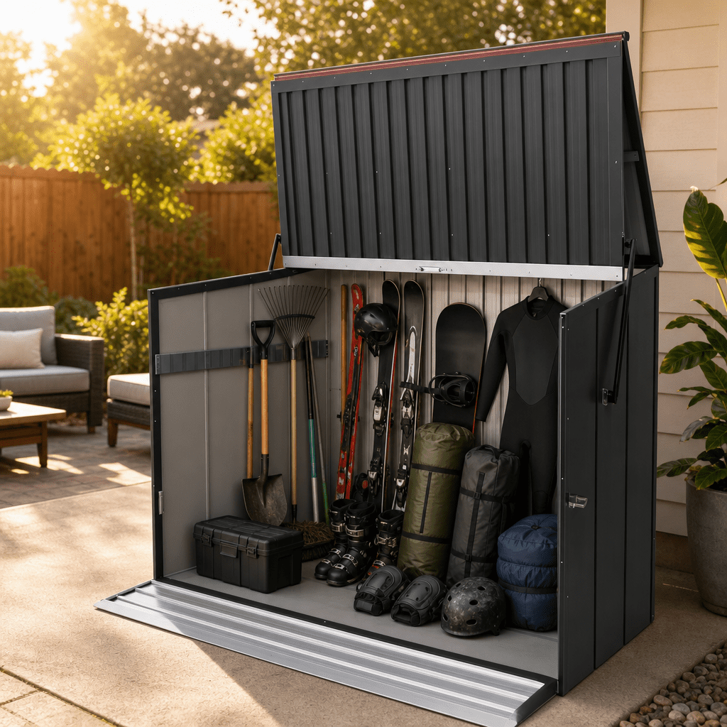 594-Gallon Outdoor Galvanized Steel Storage Shed with Flip Top and Foldable Front Door, Large Tool Cabinet for Backyard and Garage, Charcoal Grey