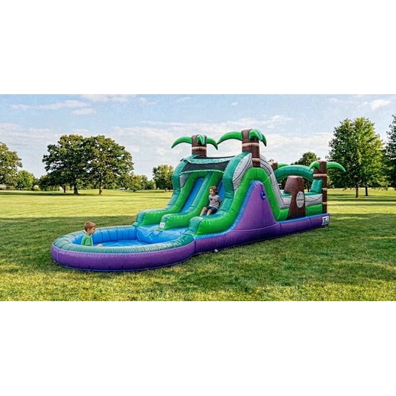POP JUMP 28ft Inflatable Dual Lane Slide Obstacle with Pool, Backyard Fun for Kids & Adults