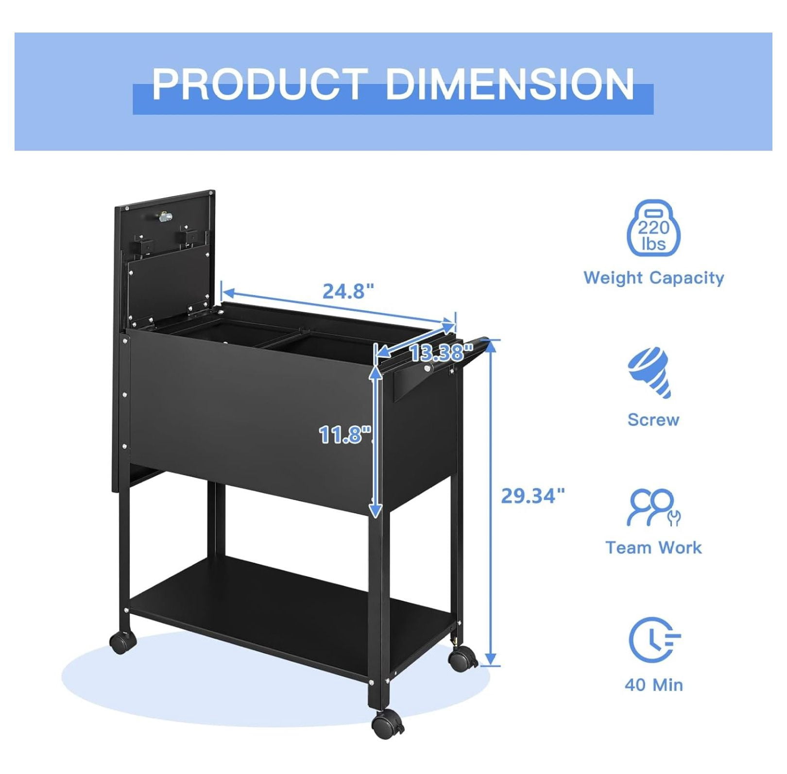 Metal Rolling File Storage Cart with Wheels, Mobile File Cabinet with Lock, Filing Cabinet Organizer for Legal/A4 (Black)