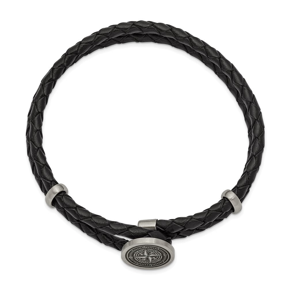 Diamond2Deal Stainless Steel Brushed Laser Design Compass Black Woven Leather Bracelet for Men 8.5"