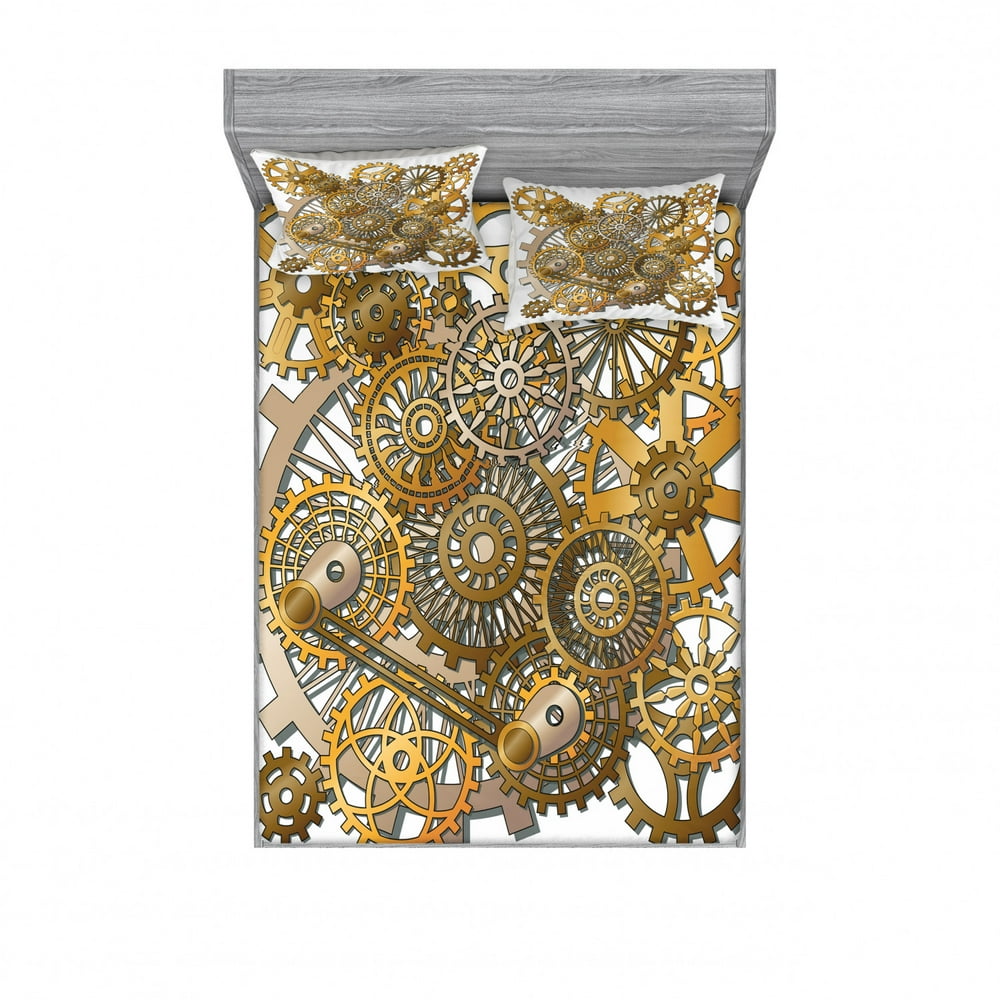 Clock Bedding Set with Sheet & Covers, Gears in Style of Steampunk