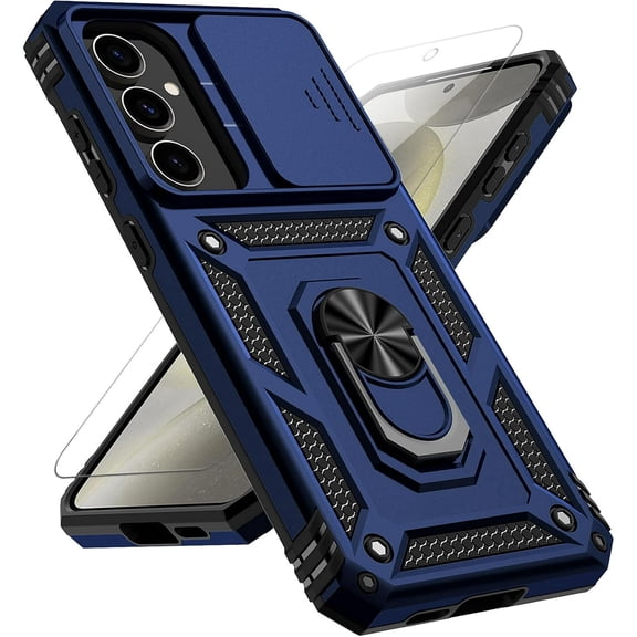 for Samsung Galaxy S24 FE Case with Slide Camera Cover HD Screen Protector [Military Grade 16ft. Drop Tested] Magnetic Ring Holder Kickstand Protective Phone Case for Galaxy S24 FE 5G 2024, Navy Blue