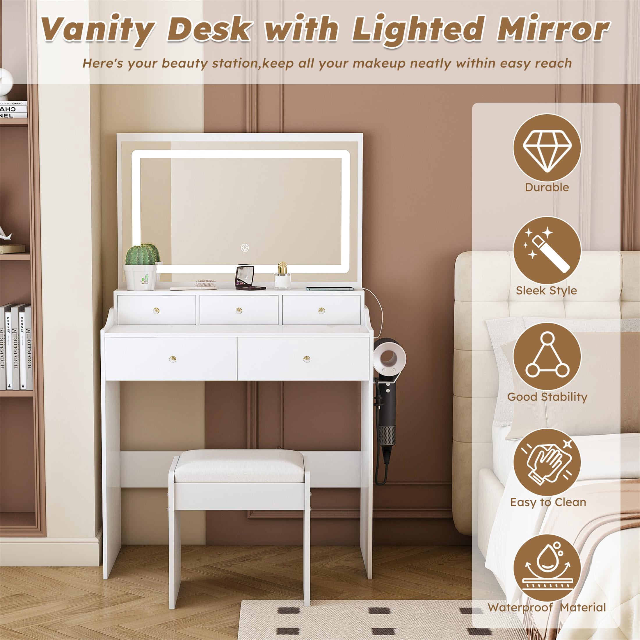 UHOMEPRO Vanity Set with Mirror, Lighted Makeup Vanity Desk with 5 Drawers, Storage Shelves, Hair Dryer Rack, and Cushioned Stool, Modern Makeup Desk Dressing Table for Girls Bedroom, White