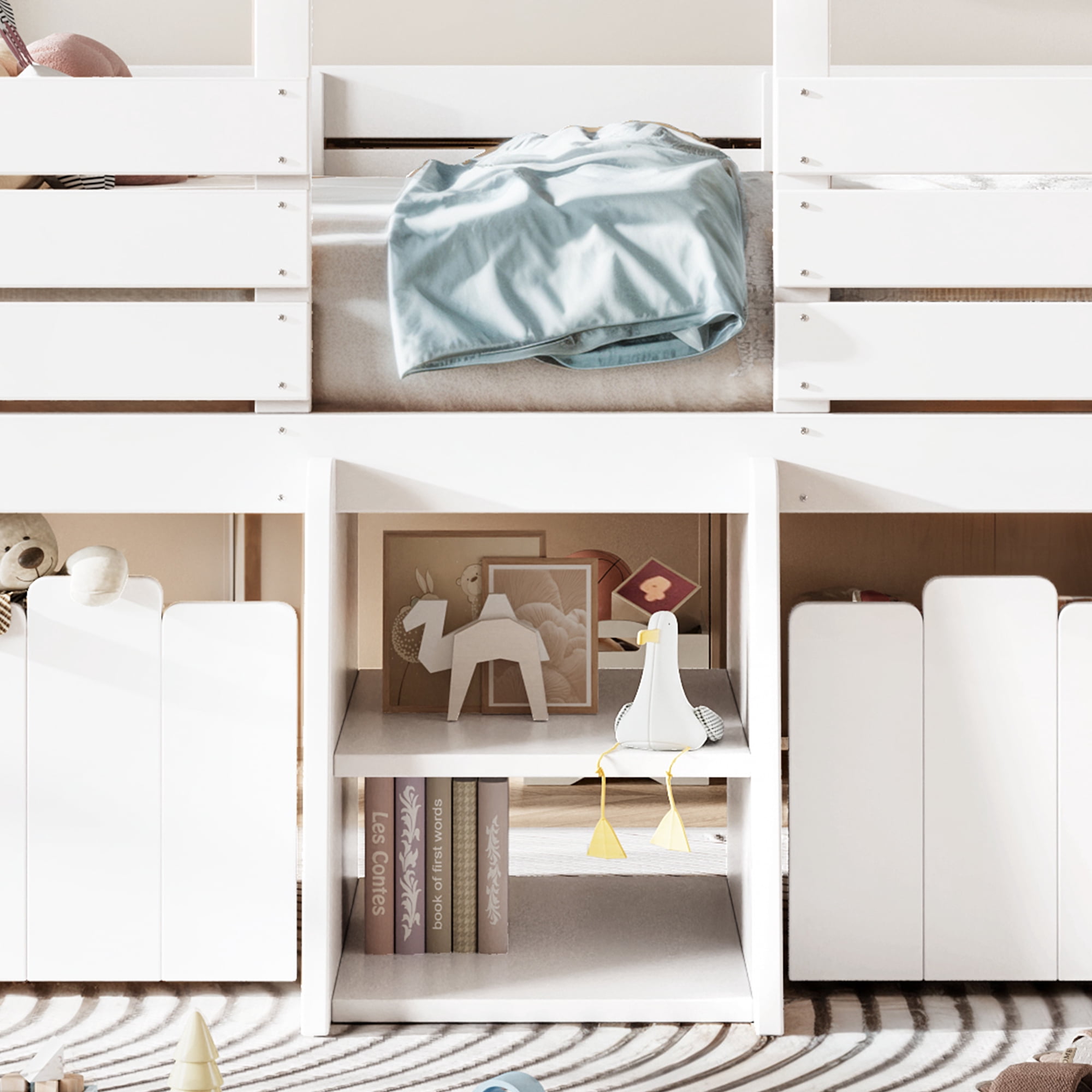 HOQBN House Loft Bed Full Size,Low Loft Bed with Stairs and 2 Big Storage Drawers,Farmhouse Style Bed Frame with House Shaped Roof,White
