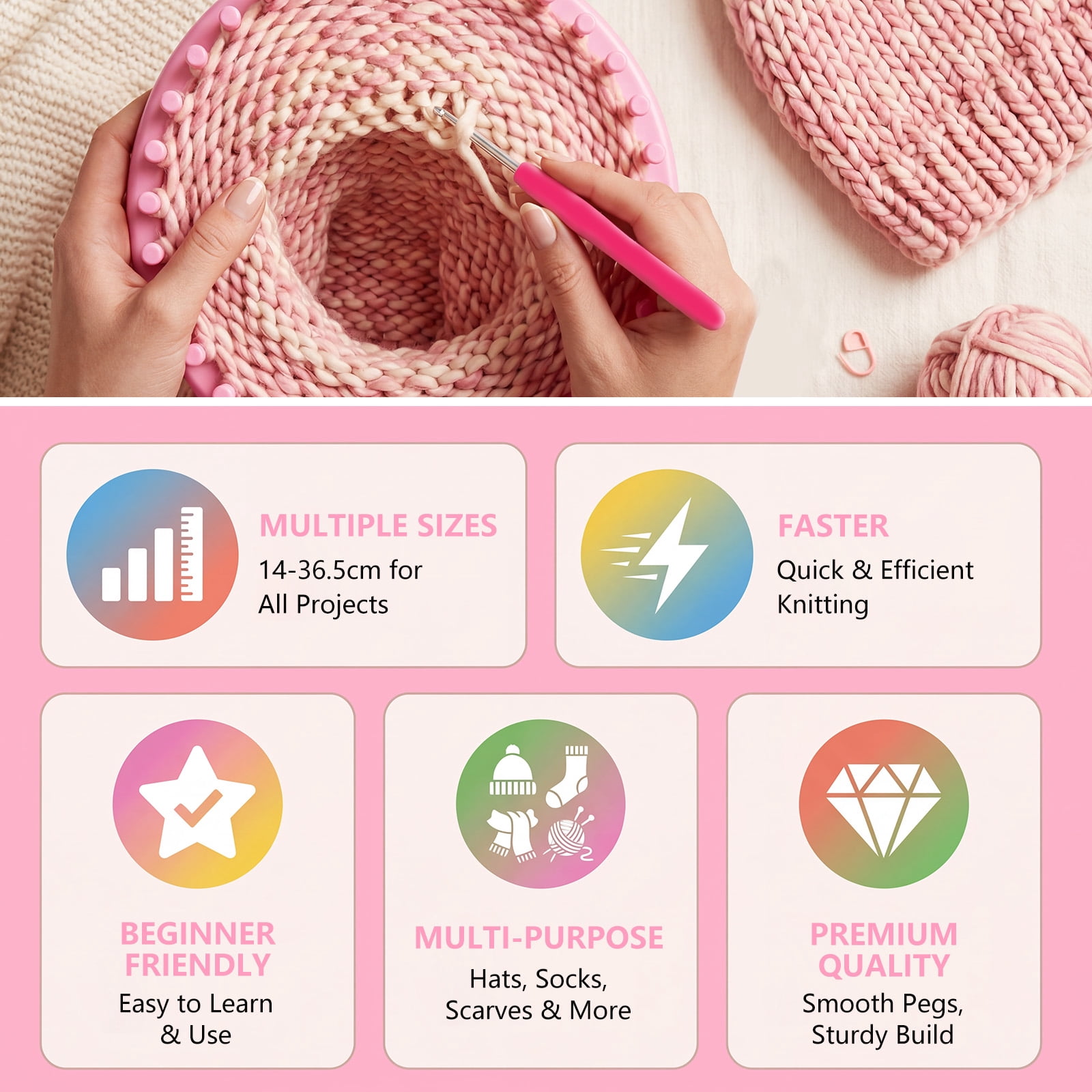 Toorise Knitting Frame Kit with Pompom Maker Round Knitting Frame for Hat Long for Blanket Scarf Shawl with Crochet Hook and Plastic Needle