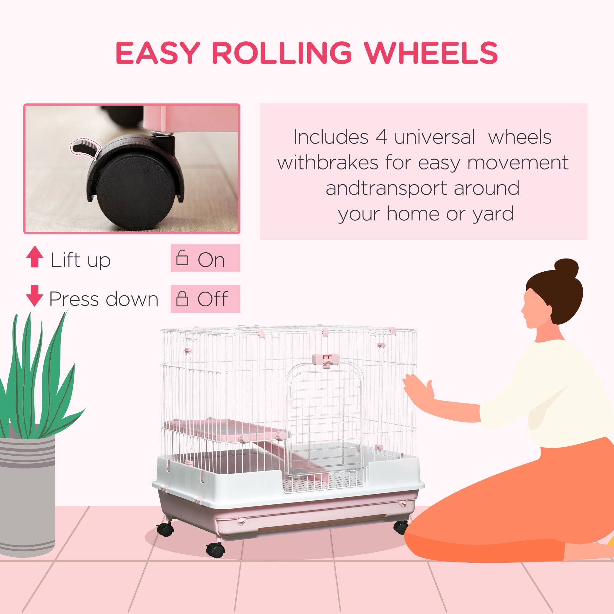 Pink 2-Level Small Animal Cage with Wheels, Rabbit Hutch for Bunny & Chinchillas, 32"L x 20.8"W x 26"H