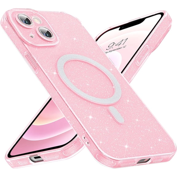 iPhone 13 Case, iPhone 13 Glitter Bling Case Compatible with Magsafe, with Diamond Camera Lens Protectors Soft TPU Magnetic iPhone 13 Phone Case for Women Girls, Pink