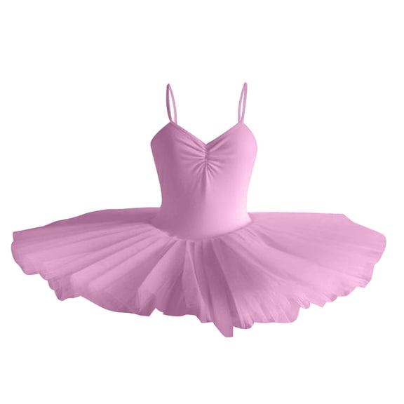 Riecok Girls Dance Practice Mesh Skirt Performance Costume Half Skirt Ribbon Trim Tulle Skirt Princess Skirt Sleeveless V Neck Dress Pink 110