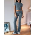 thumbnail image 5 of Solid Color Slim Fit Short Sleeve Trousers Suit Gray Blue XXL, 5 of 8